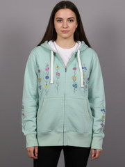 Women's Mint Green Zip-Up Hoodie - Soft Fleece Sweatshirt with Wildflower Graphic & Sleeve Detail