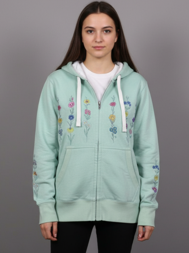 Women's Mint Green Zip-Up Hoodie - Soft Fleece Sweatshirt with Wildflower Graphic & Sleeve Detail