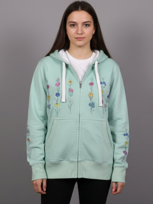 Women's Mint Green Zip-Up Hoodie - Soft Fleece Sweatshirt with Wildflower Graphic & Sleeve Detail