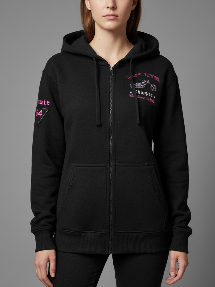 Women's Black Zip-Up Hoodie - "Lady Biker"