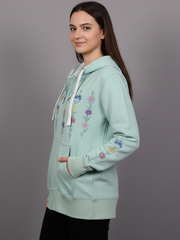 Women's Mint Green Zip-Up Hoodie - Soft Fleece Sweatshirt with Wildflower Graphic & Sleeve Detail