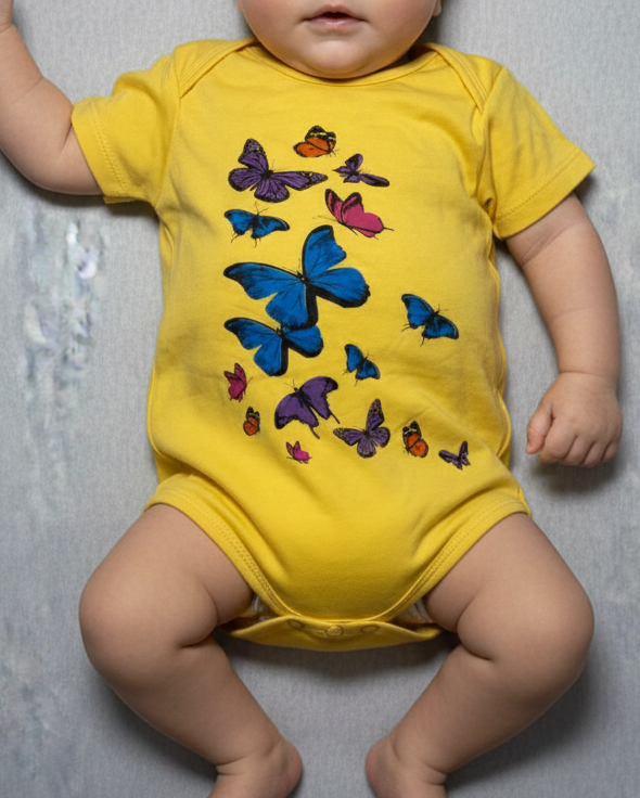 Baby Girls' Butterfly Print Cotton Bodysuit / Yellow Romper