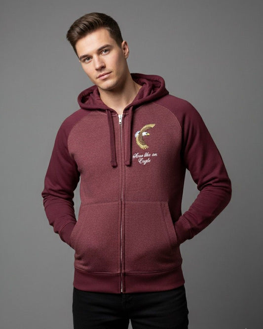 Men's Maroon Zip-Up Hoodie with Embroidered Eagle
