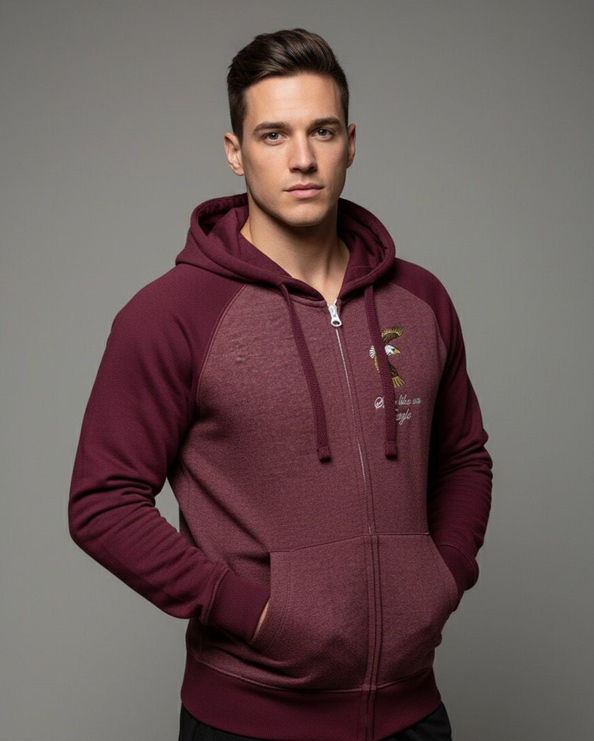 Men's Maroon Zip-Up Hoodie with Embroidered Eagle