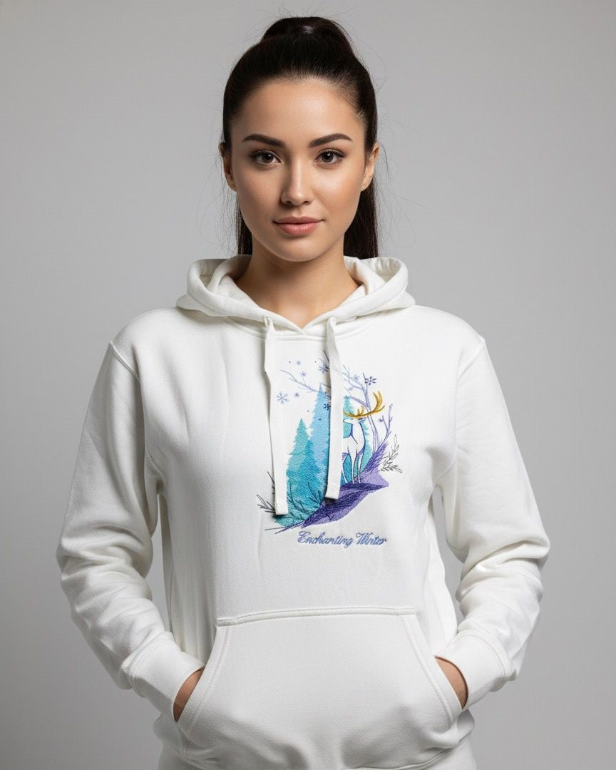 Women's White Winter embroidered Pullover Hoodie