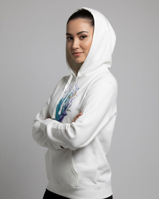 Women's White Winter embroidered Pullover Hoodie