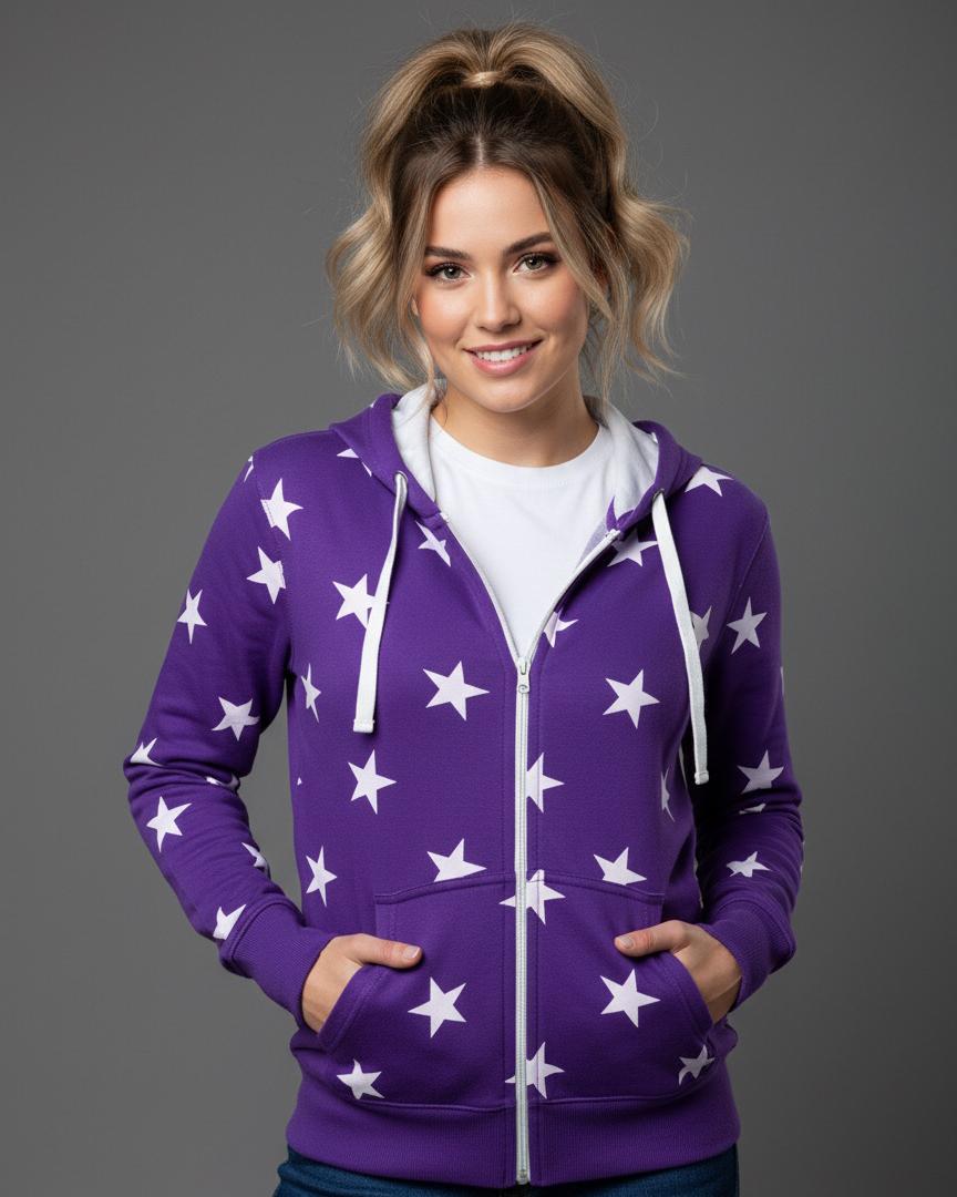 Women's Purple Star Print Zip-Up Hoodie