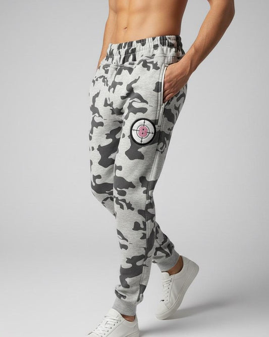 Men's Grey Camo Joggers - Camouflage Sweatpants with Target Patch