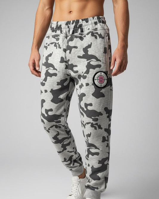 Men's Grey Camo Joggers - Camouflage Sweatpants with Target Patch