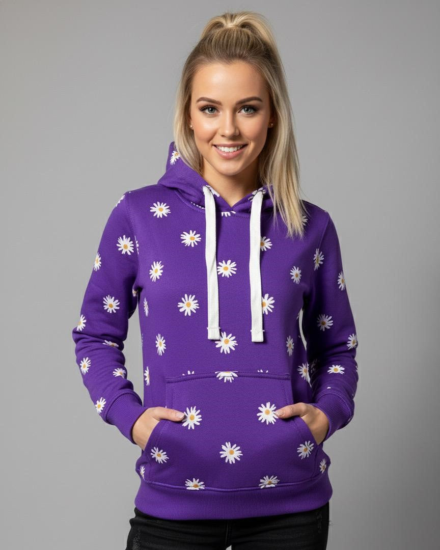 Women's Purple Daisy Print Pullover Hoodie