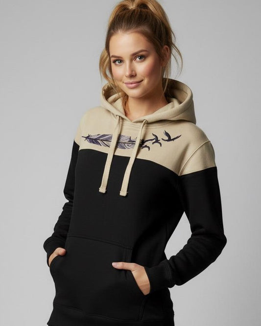 Women's Color Block Embroidered Pullover Hoodie Black & Tan Two