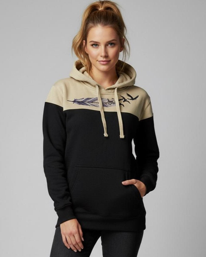 Women's Color Block Embroidered Pullover Hoodie Black & Tan Two
