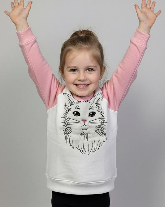 Girls Cat Face Embroidered Toddler Soft Fleece Raglan Sweatshirt