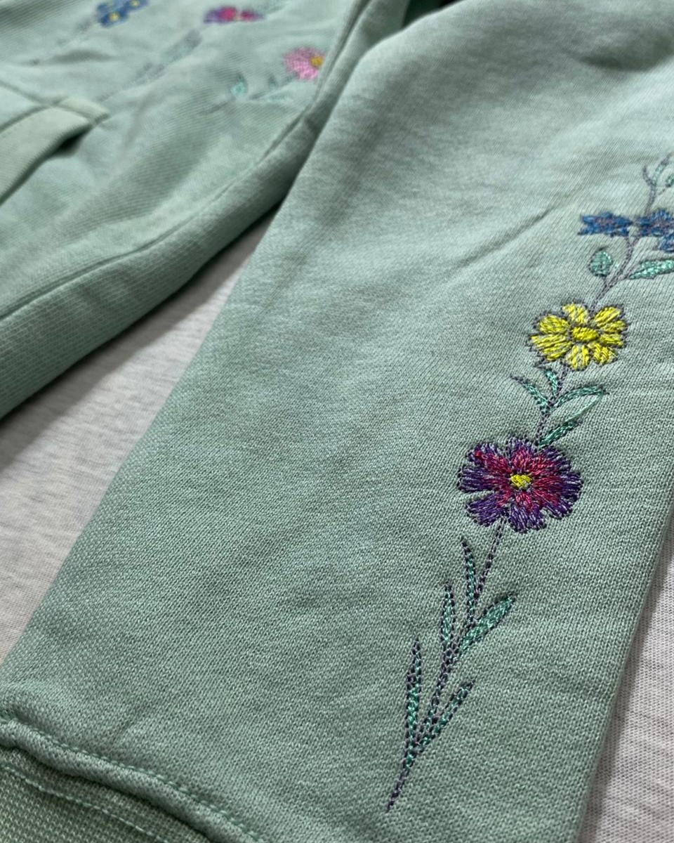 Women's Mint Green Zip-Up Hoodie - Soft Fleece Sweatshirt with Wildflower Graphic & Sleeve Detail