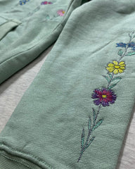 Women's Mint Green Zip-Up Hoodie - Soft Fleece Sweatshirt with Wildflower Graphic & Sleeve Detail